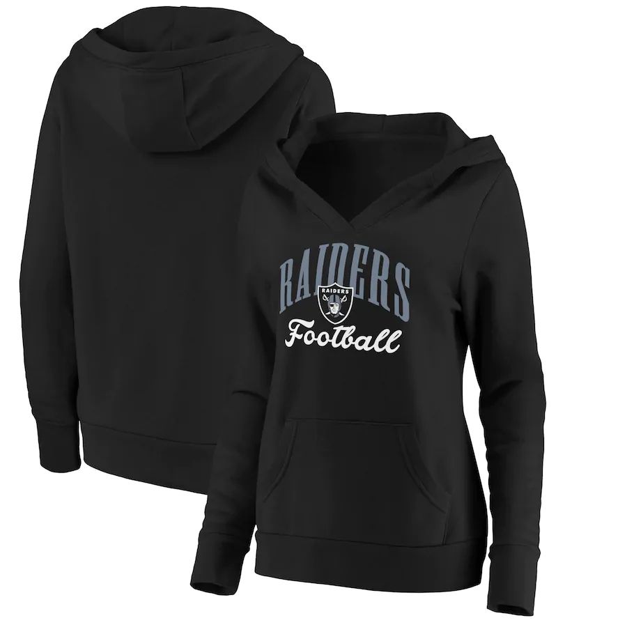 Women Oakland Raiders Fanatics Branded Black Victory Script V-Neck Pullover Hoodie.